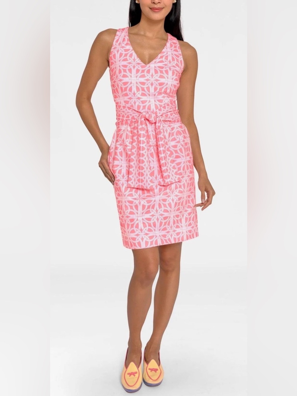 Gretchen Scott Dress Large Ring Toss Date Night Coral Belted Stretch Jersey